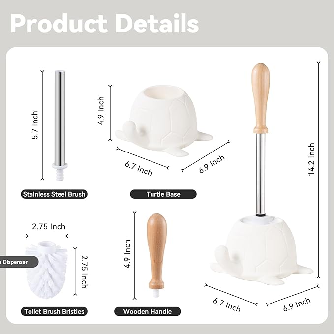 Turtle Base Toilet Brush and Holder Set - Ceramic Toilet Bowl Cleaner Brush, DIY-Paintable Toilet Base Bathroom Brush for Home & Commercial Use - White