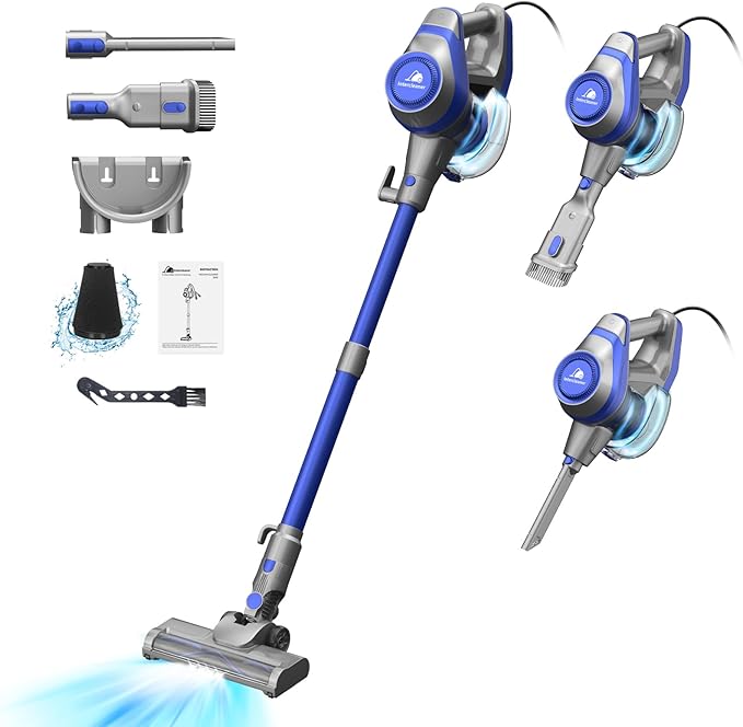 Intercleaner 23Ft Corded Vacuum Cleaner, with LED Headlights & Large Dust Cup, Powerful Suction for Hard Floors & Carpets, Adjustable Stick, Perfect for Pet Hair, Wall Mount Storage