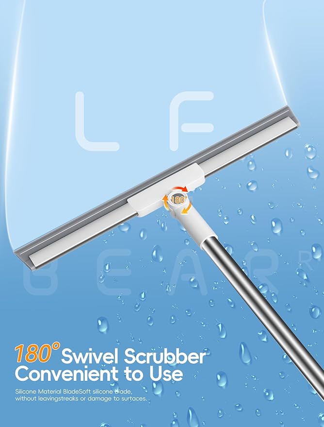 Floor Squeegee Broom with Long Handle, Heavy Duty Rubber Squeegee Kit with 2 Replacement Heads & 1 Cloth, Scrubber for Tile Floor, Garage, Concrete (3-in-1 Set)