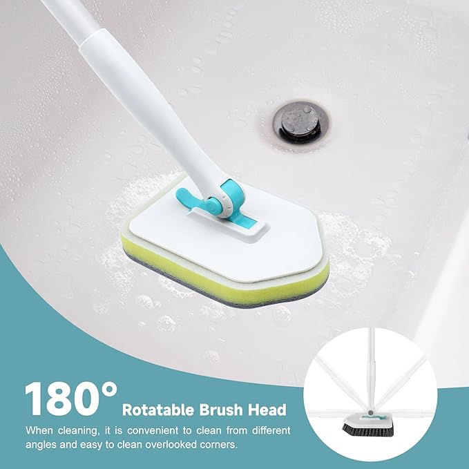 nacena Shower Scrubber with Long Handle, 4 in 1 Tile Tub Scrubber Brush with 3 Detachable Cleaning Heads and V-Shaped Grout Brush Shower Cleaner Brush for Bathroom Kitchen Toilet Tub Sink, Blue White