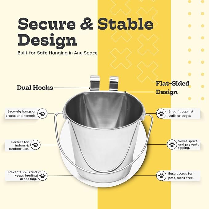 2 Quart Stainless Steel Flat Sided Bucket with Dual Hooks | Durable Food & Water Bowl for Dog Cat Bird & Small Animals | Fits kennel Cage Critter Crate Hanging Pet Pail | Multipurpose use