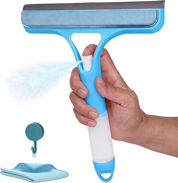 3-in-1 Window Cleaning Scraper Set, Multi-Functional Spray Glass Scraper Cleaning Tool with Window Cloth and Hook, Suitable for Glass Doors/Windows, Mirror Scrapers, and Brushes