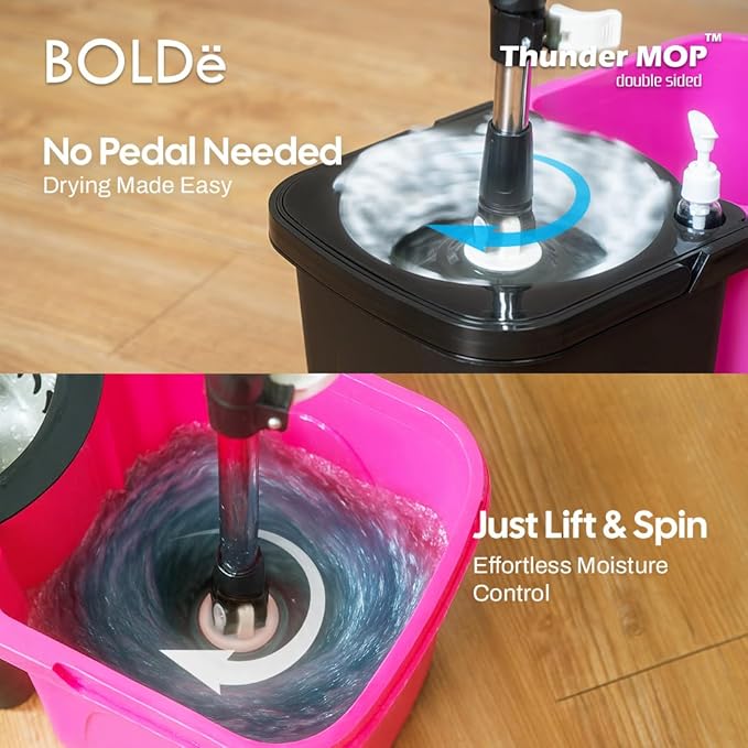 BOLDë Thunder Mop Spin System - Double-Sided - 2 Compact Stackable 6L Buckets, Microfiber Head, Stainless Steel Wringer, Antifungal Quick-Dry Cleaning, Soap Dispenser, 3 Free Refills (Yellow/Blue)