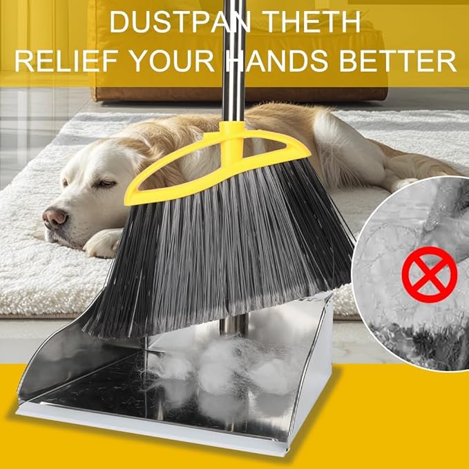 GLOHOO Broom and Dustpan Set, Outdoor Heavy Duty Broom with Stainless Steel Dustpan,Stiff Bristles Broom and Metal Dust Pan for Home