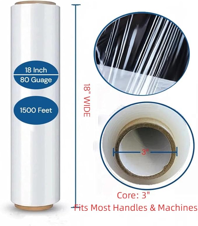 Stretch Wrap for Home & Office: 80 Gauge Heavy Duty Plastic Pallet Wrap, 18" x 1500 Ft for Securing Boxes, Moving, Packing Parcels & Furniture Protection (1 Roll)