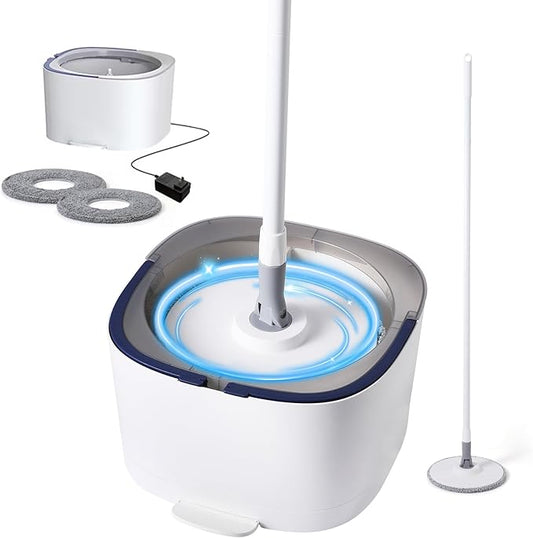 REECOO Spin Mop and Electric Bucket System, Unique Automatic Washing and Wring Electric Bucket, Upgrade Spin Mop Bucket with 2 Microfiber Cloths,Suitable for Hardwood Tile Marble Floor-White