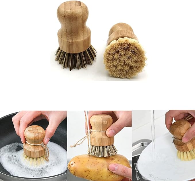 2 Pcs Palm Pot Brush,Bamboo Dish Brush Natural Scrub Brush Coconut Bristles Pot Brushes Dish Scrubber Cleaning Kit for Cleaning Pots,Pans,Kitchen Sink(Palm+Sisal)