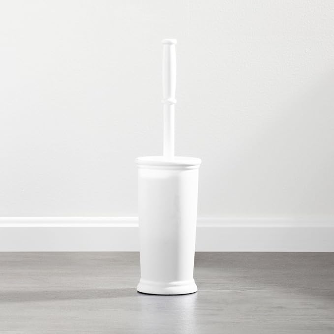 mDesign Toilet Bowl Brush and Holder - Covered Bathroom Brush - Standing Scrubber in Modern Holder - Compact, Space Saving, Deep Cleaning - White