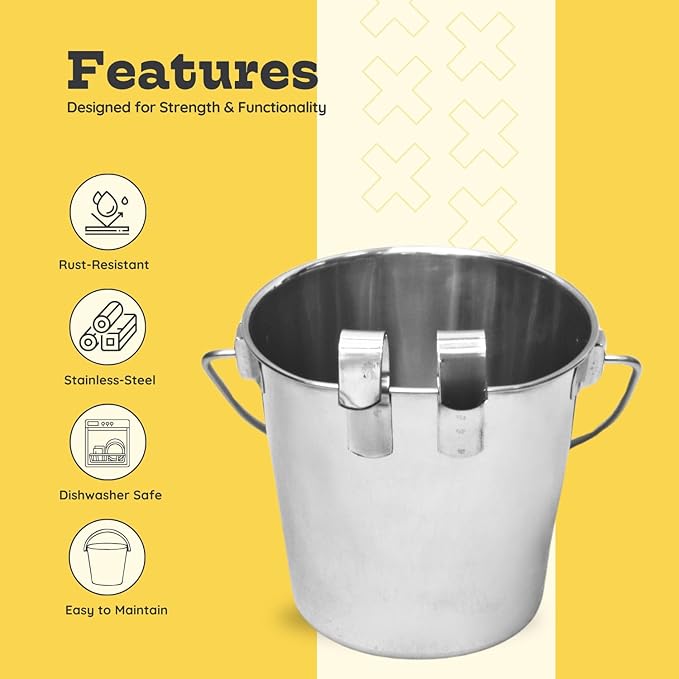 6 Quart Stainless Steel Flat Sided Bucket with Dual Hooks | Durable Food & Water Bowl for Dogs Cats Goat Sheep & Livestock | Fits kennel Cage Critter Crate Hanging Pet Pail | Multipurpose