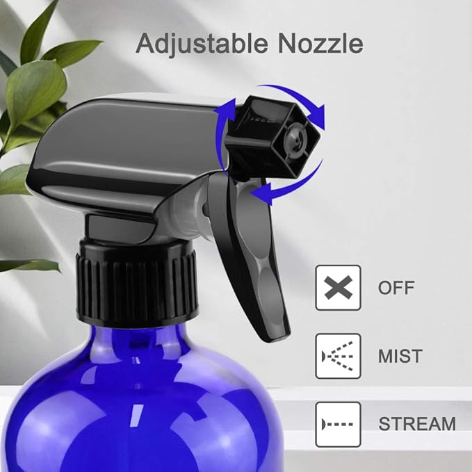 Glass Spray Bottles, 16oz Refillable Containers, Empty Boston Round Bottles with Labels & Adjustable Nozzle for Cleaning, Gardening, Aromatherapy, Pets, Plant, Hair -Blue (2 Pack)