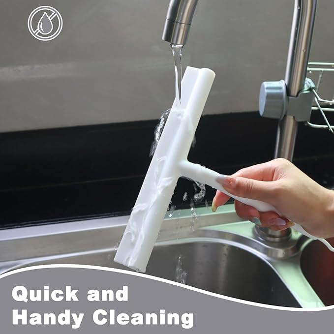 DEOFUXT Squeegee for Shower Glass Doors, Resilient Loop - No-Drill & Adhesive Hook, Silicone Shower Squeegee with Stainless Steel Core, Cleaning Tool for Home, Kitchen, Bathroom & Car - White