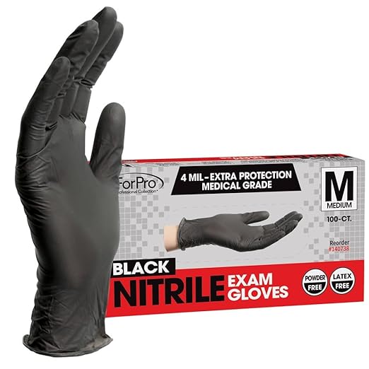 ForPro Disposable Nitrile Exam Gloves, Medical Grade, 4 Mil Extra Protection, Powder-Free, Latex-Free, Non-Sterile, Food Safe, Black, Medium, 100-Count