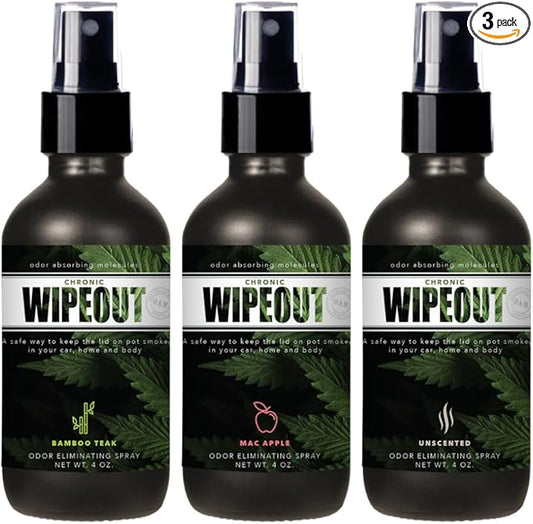Chronic Wipeout Smoke Smell Eliminator for Home, Cars, Clothes, & More | Smoke Odor Eliminating Spray for All Kinds of Strong Smoke | Gifts for Smokers - Apple, Bamboo Teak, & Unscented 3 Pack - 4 oz