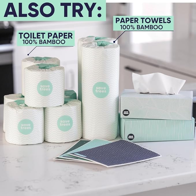 Save Trees Bamboo Facial Tissues - 4 Boxes of Eco-Friendly, 3-Ply Hypoallergenic Tissues, 90 Sheets per Box, FSC Certified, Plastic-Free Packaging, Soft & Gentle for Home Use