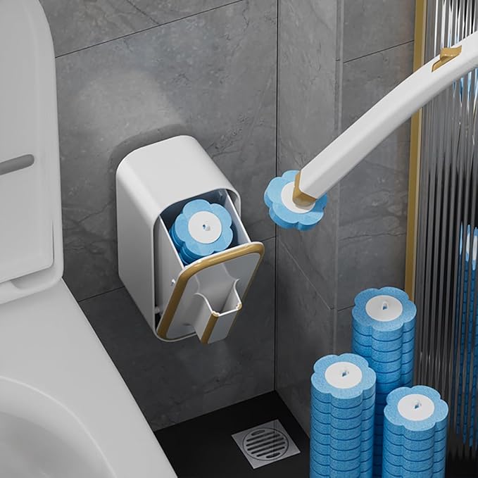 Disposable Toilet Brush with 48 Refill Heads and Holder– Includes Storage Caddy&Toilet Bowl Wand, Wall-Mount Scrubbing Toilet Brush Bathroom Cleaning Kit (Disposable Toilet Brush)