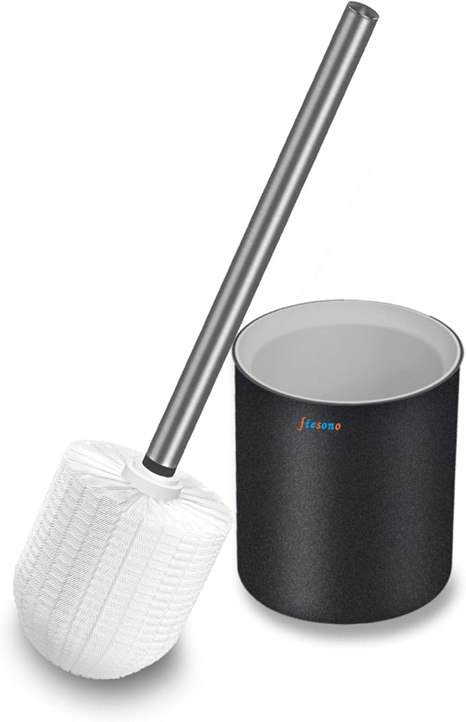 FIESONO Toilet Brush and Holder Set, Toilet Bowl Brush with Stainless Steel Light Brush Handle, Soft Bristle, Wall Mounted/Floor Standing for Bathroom Space Saving