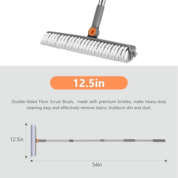 Large Double-Sided Floor Scrub Brush, Long Adjustable Handle Floor Scrubber 180° Rotating V-Shaped Heavy-Duty Shower Cleaning Brush No Scratches Suitable for Floor, Tile, Tub, Bathroom, 12.5IN