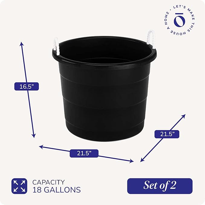 HOMZ 2-Pack Utility Tub, Large Plastic Storage Bucket with Rope Handles, 18 Gallon, Black - Portable Indoor and Outdoor Buckets for Kitchen, Laundry, Garden, Bathroom, and Garage Organization