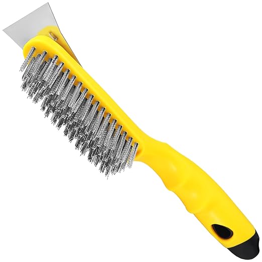 Chanharm 10.95" Wire Scratch Brush with Metal Scraper, Long Plastic Handle and 79 Bundles of Stainless Steel Bristles, Heavy Duty for Dust Paint Scrubbing, Dirt Rust or Welding Slag Removal