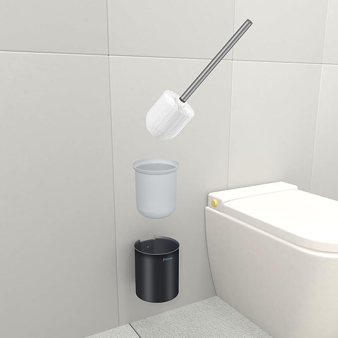 FIESONO Toilet Brush and Holder Set, Toilet Bowl Brush with Stainless Steel Light Brush Handle, Soft Bristle, Wall Mounted/Floor Standing for Bathroom Space Saving