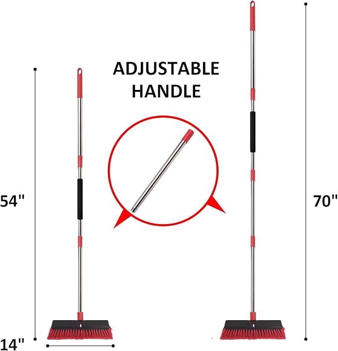 Honclea 14” Push Broom with 70” Adjustable Handle - Heavy Duty Outdoor Broom for Shop, Garage, Patio, Driveway, Yard & Deck Cleaning
