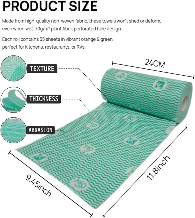 Lazy Cleaning Cloths, Multipurpose Kitchen Towels, Reusable Dish Rags, Dry/Wet Use for Dishware, Countertops, Stove, Camping, RVs, (9.45"*11.81") 55 Tearable Sheets/Roll (Orange)