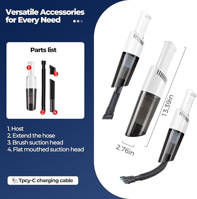 Xquyk Handheld Vacuum Cleaner Cordless, 3600Pa Suction, 50W Motor, Type-C Rechargeable, Bagless HEPA Filter, 20 Min Runtime, Lightweight 0.49 lb, for Car, Sofa, Home, Pet Hair（Black）