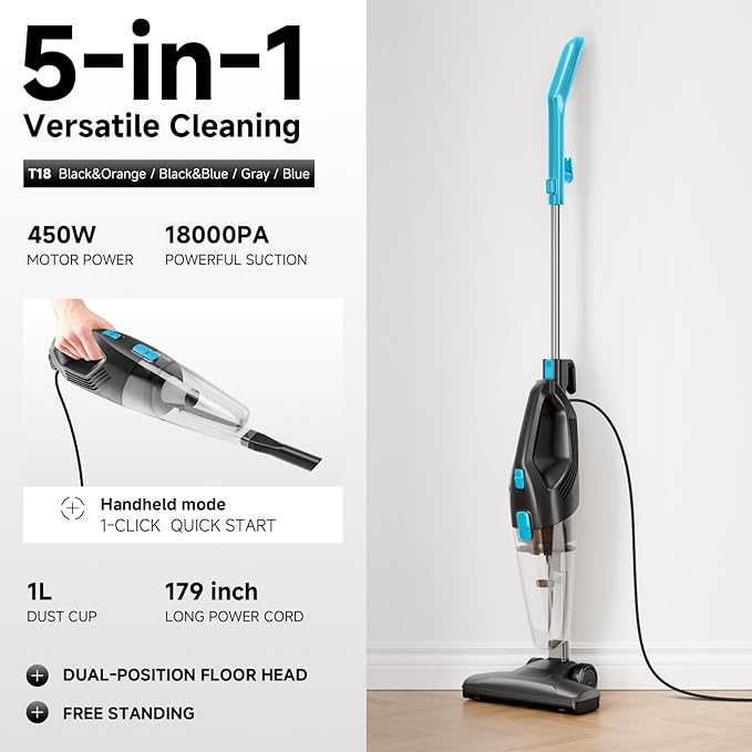 fenhua Corded Stick Vacuum Cleaner - Lightweight, Powerful Suction with 450W Motor, 3-in-1 16.4Ft Cord Vacuum Cleaners for Home, Hard Floor, Carpet, Pet Hair Light Blue