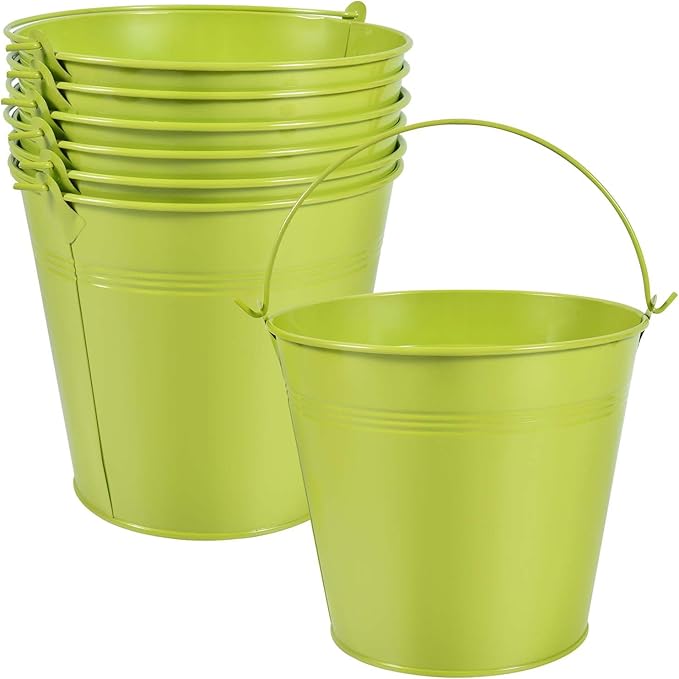OBTANIM 7 Pack Green Metal Buckets with Handle Galvanized Ice Pails for Plants, Succulents, Party Favors Organizing, Rustic Home Decor or Classrooms Pencil Storage (6 x 4.4 inch)