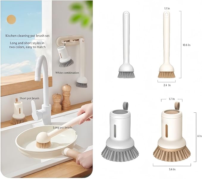 Adjustable Dish Brush with Soap Dispenser, Non-Scratch PET Bristles, Ergonomic Handle, Kitchen Cleaning Tool for Pots, Pans & Sink (Yellow, Short Style-1 Piece)