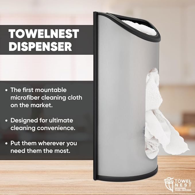 TowelNest Microfiber Cloth Dispenser | 15 Reusable Cloths (White) | Eco-Friendly Paper Towel Alternative | Absorbent & Washable | Wall/Cabinet Mount (3M Adhesive & Screws Included)