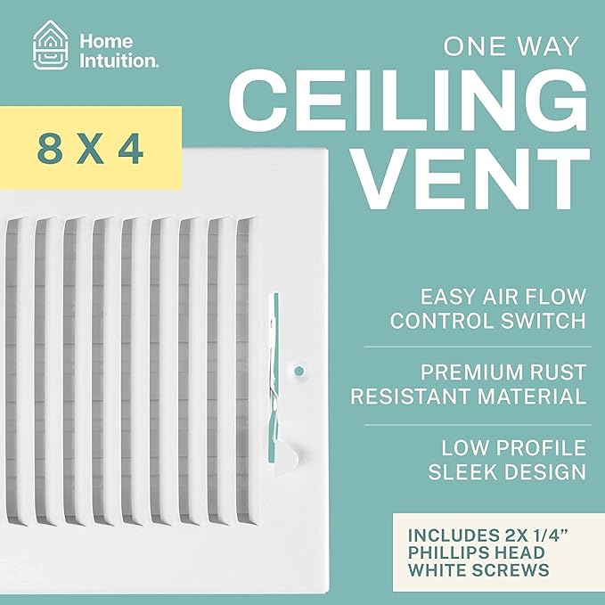 Ceiling Register - Air Vent Covers for Home Ceiling or Wall - 8X4 Inch (Duct Opening) 2-Way White Grille Register Cover with Adjustable Damper for HVAC Heat and Cold Air Conditioner