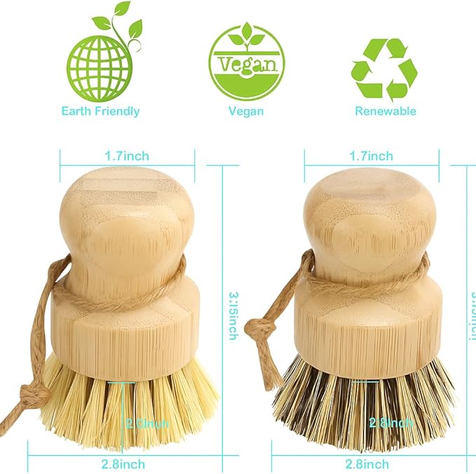 4 Pcs Bamboo Dish Brush Set – Natural Dish Scrubber with Ergonomic Handle, Durable Kitchen Cleaning Brush for Dishes, Pots & Pans – Sisal Bristles for Cast Iron