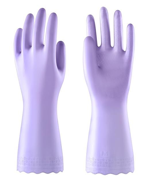 Mr.Panda Skin-Friendly Flocked Cotton Liner Cleaning Gloves Small, Reusable Dishwashing Gloves for Washing Dishes, Kitchen, Shimmering Pink
