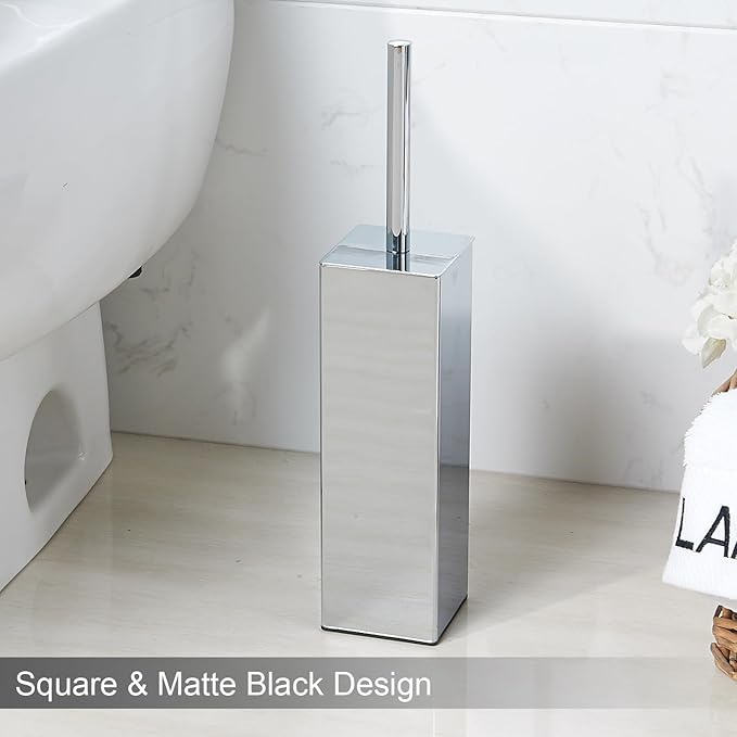 Kelirol Chrome Square Stainless Steel Toilet Brush with Holder, 304 Modern Toilet Brush Set – Rust Resistant, Long Handle, Replacement Heads, Floor Standing Bathroom Toilet Cleaning Brush