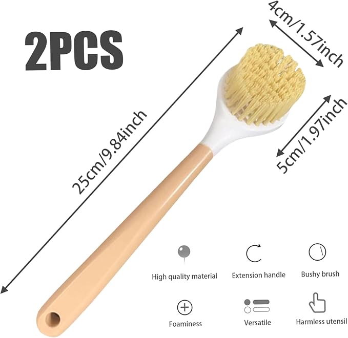 Lawnrden Bamboo Dish Brush, Dish Brush with Handle 2Pcs Scrub, Bamboo with Built-in Scraper Washing for Nonstick Frying Pan, Woks, Kitchen Sinks