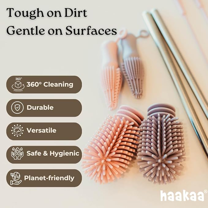 Haakaa Silicone Cleaning Brush Kit – Household Cleaning Brushes for Bottles and Crevices – Food-Grade Silicone: Dishwasher Safe (Kit-Lime)