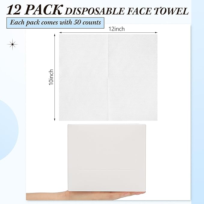 12 Pack/600 Counts XL Disposable Face Towels Bulk 10"x12" Soft & Thick Pure Cotton Facial Cleansing Cloths Towelette for Makeup Removing, Sensitive Skin Care, Dry Wipe Using