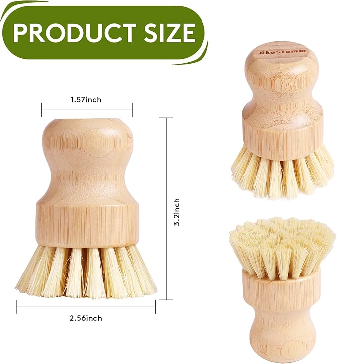ÖkoStamm 4 Pack Bamboo Dish Brush, Dish Scrubber Brush with Sisal Bristle, Natural Scrub Brush for Kitchen Cleaning Dishes, Pots, Pans, Bottles, Vegetables