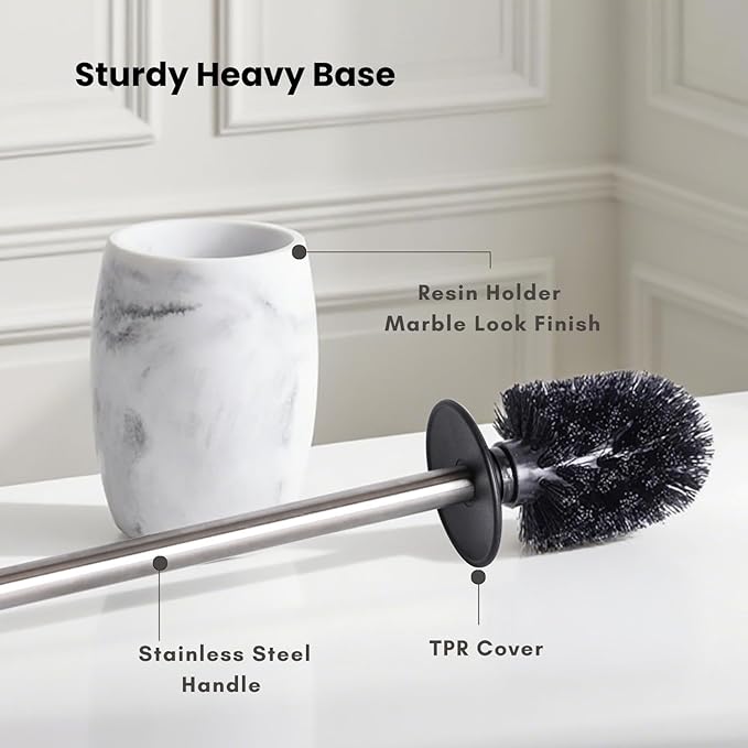 Toilet Bowl Brush and Holder with Stainless Steel Long Handle, Toilet Scrubber Brush with Durable Base, 360° Deep Cleaning Bristles for Bathroom, Compact Set for Small Space (White)