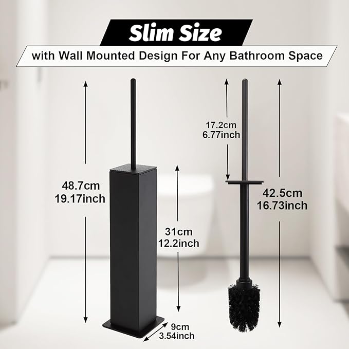 BGL Toilet Brush with Holder Set Matte Black Aluminium Standing for Bathroom Toilet Bowl Cleaner Brush and Holder Set, Square Design