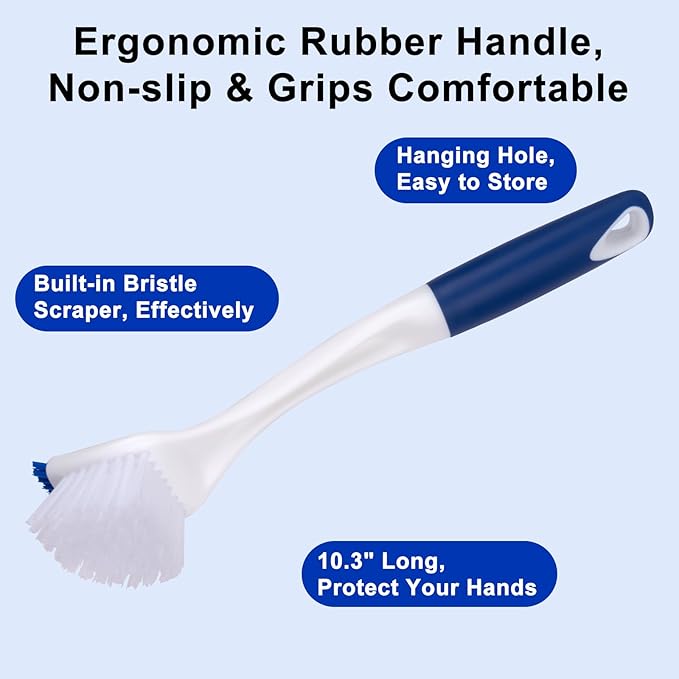 Heavy Duty 2 Pack Dish Scrub Brush with Handle BITOPE Kitchen Cleaning Scrubber with Stiff Bristle Scraper for Washing Sink Dishes Bottle Cup Pot Pan Cookware