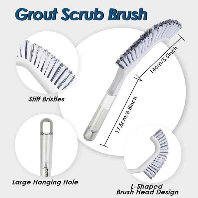 QUIVIX 3 Pack Heavy Duty Bathroom Scrub Brush with Long Handle, Stiff Bristles Grout Brush, Scrub Brushes for Cleaning Bathroom, Shower, Tile, Tub, Carpet, Kitchen, Sink (Crystal Gray)