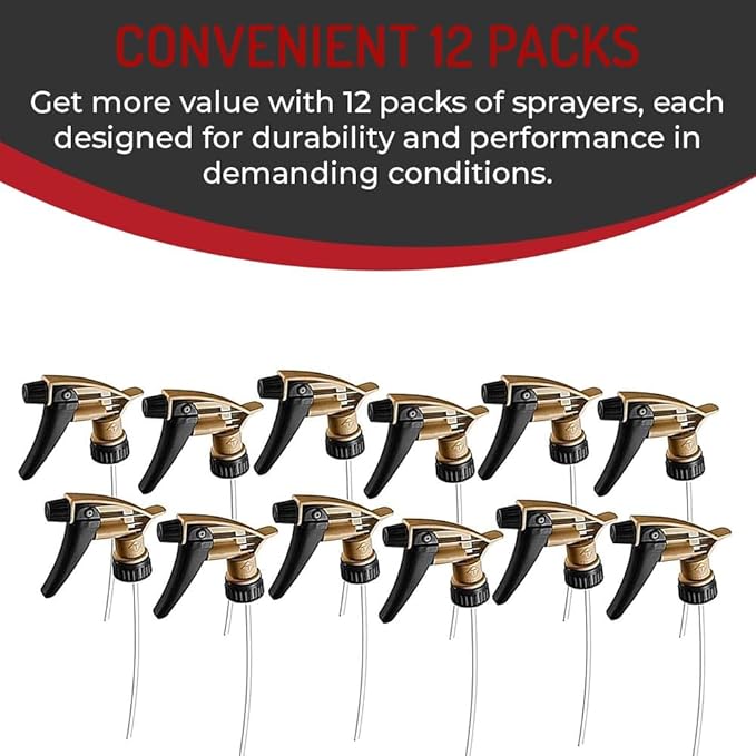 Force 5 Model 320 ARS Trigger Sprayer (12) Pack. Heavy Duty Acid Resistant Trigger Sprayer, Black/Gold, 9-1/4" Dip Tube, 28mm Neck Finish