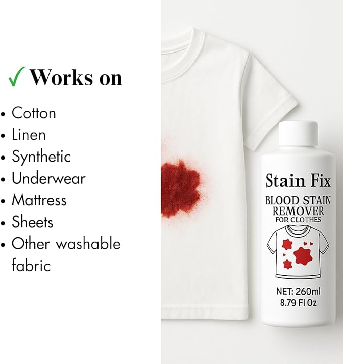 Instant Blood Stain Remover for Clothes (8.79oz)- Effectively Clean Fresh & Dried Stains from Clothes, Mattress & Sheets
