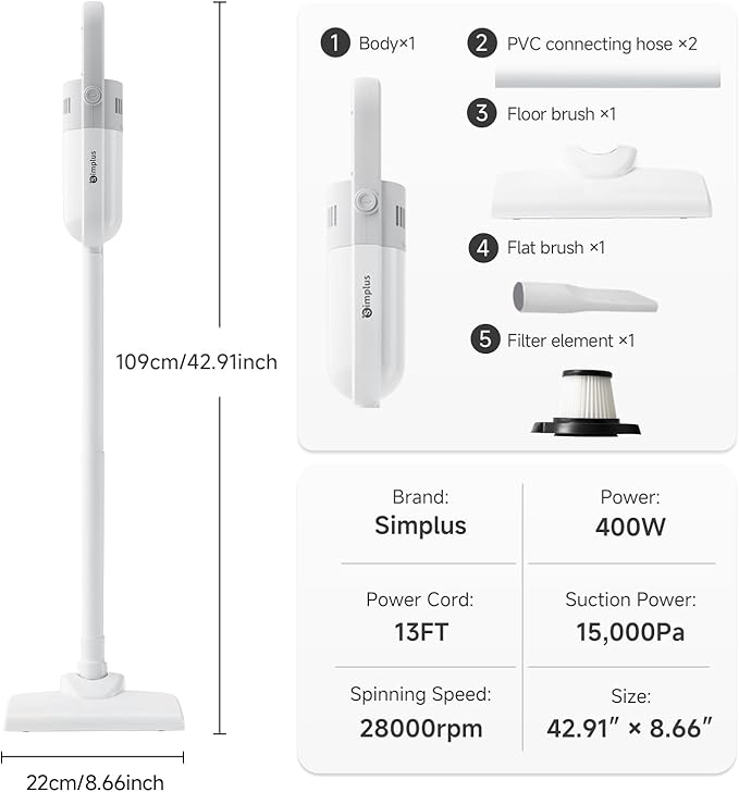 SIMPLUS 3-in-1 Corded Stick Vacuum Cleaner – 400W 15KPA Strong Suction, Pet Hair & Hardwood Floor Safe, 1.87lb Lightweight Handheld for Home, Dorm, Apartment & Car