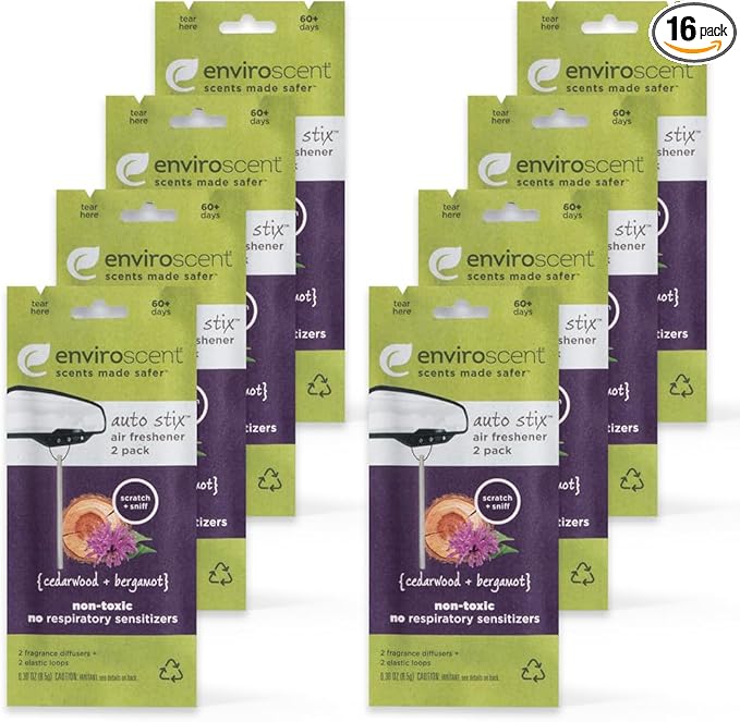 Enviroscent Non-Toxic Car Air Freshener | Natural Car Air Freshener | Essential Oil Diffuser | Car Scent Lasting Over 480 Days | 8 Packs of 2 Hanging Auto Stix (Cedarwood & Bergamot)