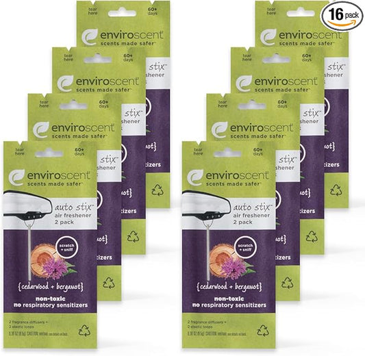 Enviroscent Non-Toxic Car Air Freshener | Natural Car Air Freshener | Essential Oil Diffuser | Car Scent Lasting Over 480 Days | 8 Packs of 2 Hanging Auto Stix (Cedarwood & Bergamot)