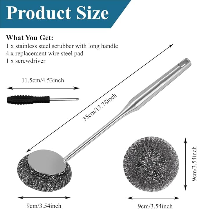 6Pcs Steel Wool Scrubber with Long Handle - Stainless Steel Scrub Brush Set for Scouring Stubborn Messes from Cast Iron, Pots, Pans, Grill, Sink (1 Scrubber + 4 Pads + 1 Screwdriver)