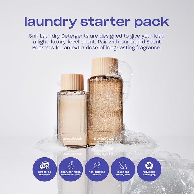 Snif Sweet Ash Laundry Detergent, Low Key Sweet and Earthy Scent, 32 Loads, Non-Irritating to Skin, Clean, Non-Toxic, Vegan, Cruelty Free, 16oz
